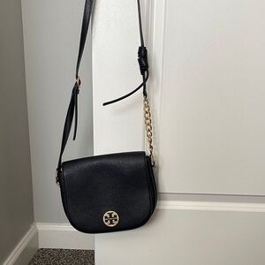 Tory Burch Black Leather Crossbody with Gold Chain